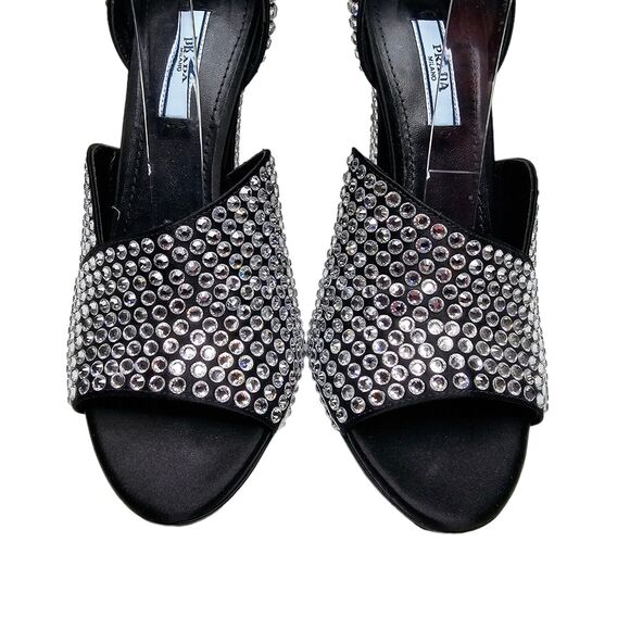 Prada Crystal Embellished Black Ankle Strap Heeled Sandals Size 36.5 US 6.5 - Picture 6 of 10